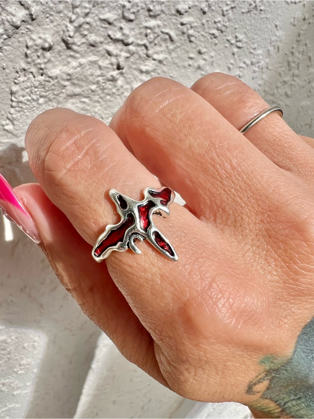 Goth 925 Sterling Silver and Red Adjustable Ring